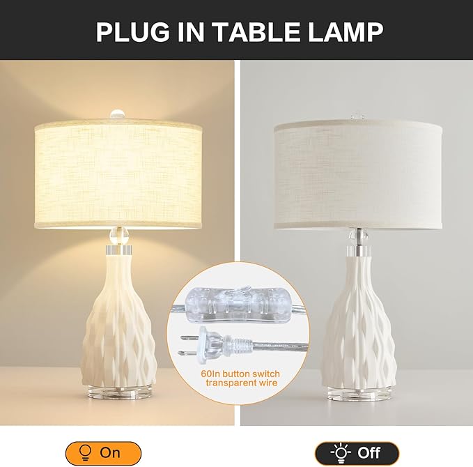 Modern White Textured Ceramic Table Lamps 22.5In, Plug in Table Lamp Decor for Office Living Room Bedroom Bedside Nightstand - Bloomnest