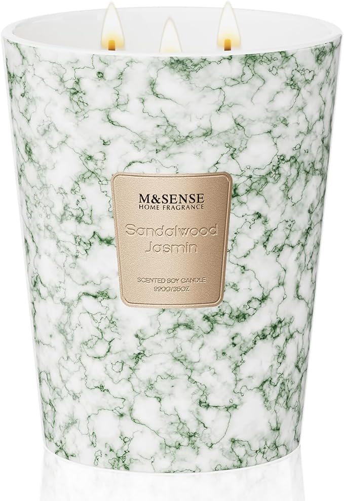 M&SENSE Sandalwood Jasmine Scented Candles for Home, 3-Wick Highly Scented Jar Candles, Extra Large Candle 35 Oz 150 Hours Long Lasting Burning, Relaxing Aromatherapy Candle for Stress Relief - Bloomnest