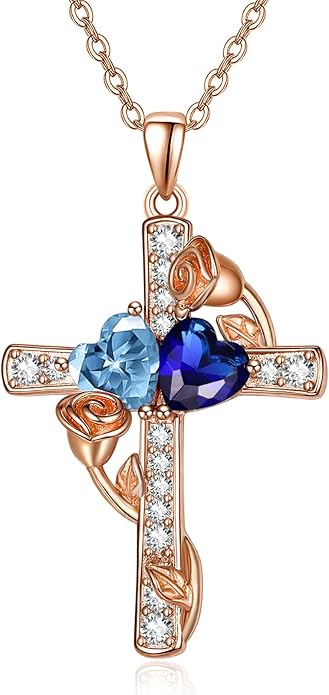 Rose Gold Dual Birthstones Cross Necklace for Women Rose Flower Jewelry Anniversary Christmas Mother's Valentine's Day Birthday Gift for Wife Girlfriend Mom - Bloomnest