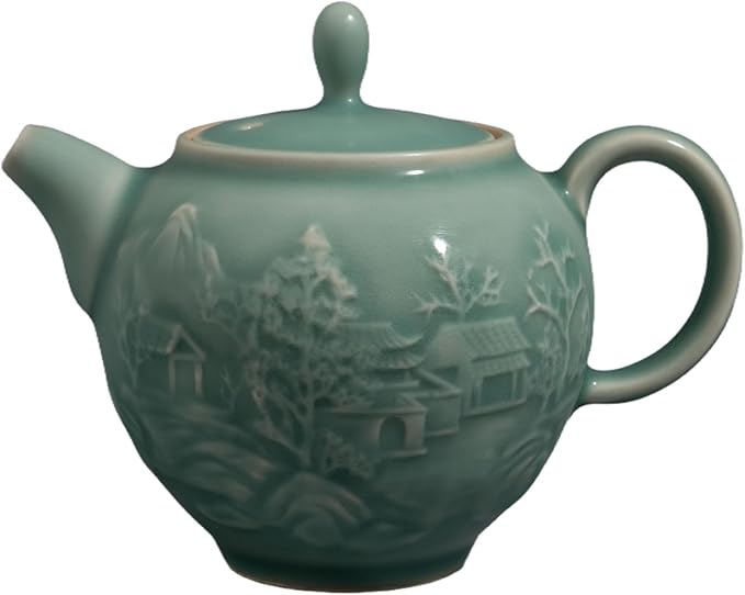 Handcrafted Longquan Celadon Teapot 240ml - Chinese Ceramic Kung Fu Teapot with Jade Glaze Landscape Art, Ideal for Oolong & Pu'er Tea