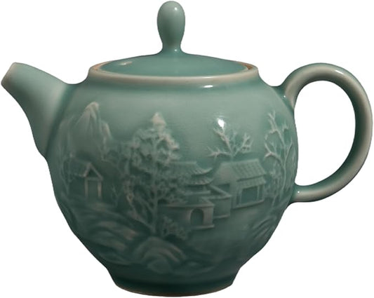 Handcrafted Longquan Celadon Teapot 240ml - Chinese Ceramic Kung Fu Teapot with Jade Glaze Landscape Art, Ideal for Oolong & Pu'er Tea