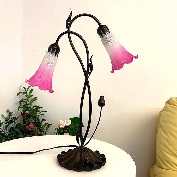 Bieye L10847 Lily Flower Blown Glass Accent Table Lamp for Living Room Bedroom Decoration (2-Light, Pink) - Bloomnest