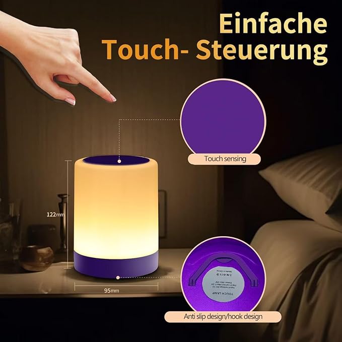 OORUN Touch Bedside Table Lamp,13 RGB Colors & 5 Brightness, USB Rechargeable Desk Lamp, Remote Control Dimmable Night Light with RGB Color Changing,Portable Lamp for Baby, Living Room (Purple) - Bloomnest