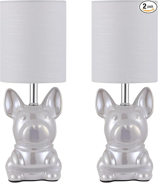 Set of 2 Ceramic Table Lamp, Puppy Shape Desk Lamp Cute Bedside Lamp for Nightstand, Living Room, Bedroom, Gifts for Kids Girls, 4W LED Bulb Included, Pearl - Bloomnest