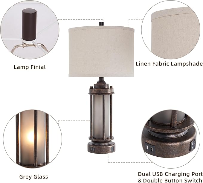 25'' Farmhouse Table Lamp with 2 USB Charging Ports, Rustic Vintage Nightstand Lamp with Frosted Glass Nightlight, Retro Desk Lamp for Living Room Bedroom End Table Entryway, 2 Bulbs Included - Bloomnest