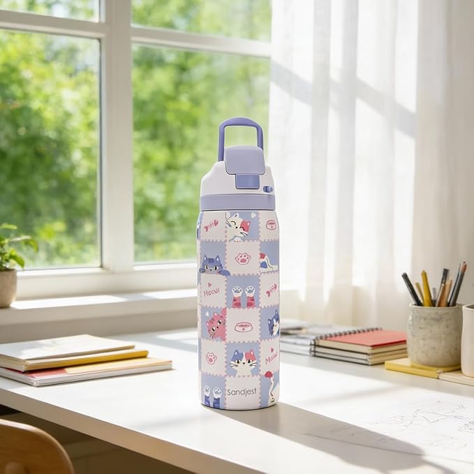 Gift for Cat Lover Stainless Steel Water Bottle, Vacuum Insulated, Push-Button Lid, 32 oz for Cat Mom Women Girls Friends Teens Birthday Christmas SANDJEST