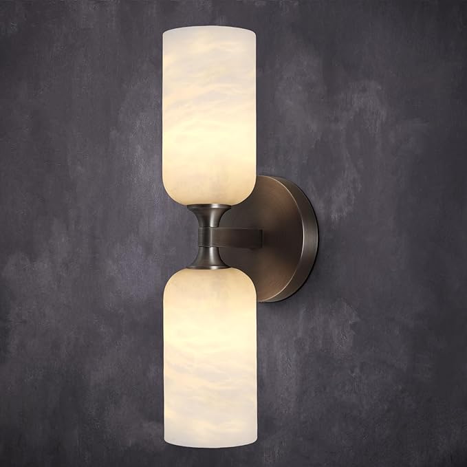 Alabaster Wall Sconce 14in Antique Brass Sconces Wall Lighting, Imported Alabaster Modern Marble Bathroom Vanity Sconces, Black Sconce Wall Decor, For Bedroom Living Room Staircases Hallway Foyer - Bloomnest