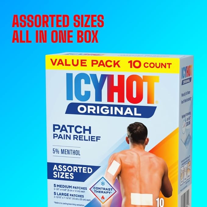 Icy Hot Original Pain Relief Patch Variety Pack with 5% Cooling Menthol for Fast-Acting Muscle and Joint Pain Relief, 5 Medium and 5 Large Comfortable Fabric Patches, 10 Ct., 2 pk - Bloomnest