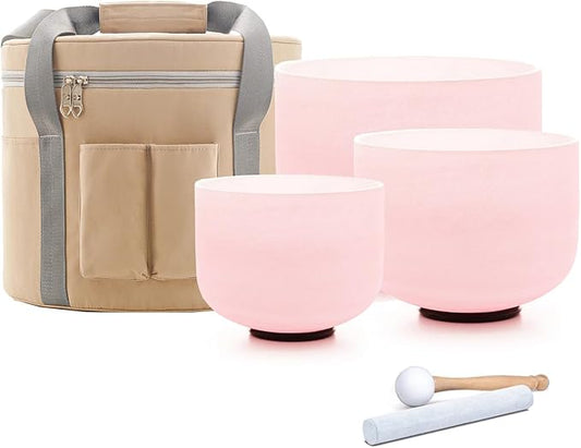 Hye-eun Pink Crystal Singing Bowls Set, 432hz 8"G 10"F 12"C 3pcs Frosted Quartz Chakra Sound Bowl with Beige Carrying Case for Sound Healing Yoga Meditation - Bloomnest