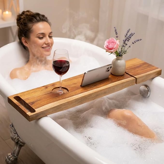 EcoDecors Eleganto 50" Live Edge Solid Teak Bath Caddy Tray with Handle, Book & Tablet Holder, Wine Glass Holders, Luxury Bathtub Tray - Bloomnest