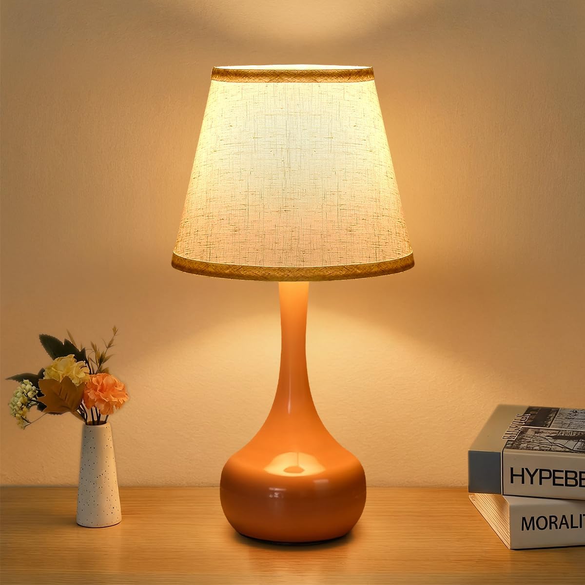 Touch Table Lamp for Bedroom, 3-Way Dimmable Table Lamps for Nightstand with Fabric Shade, Lamps for Living Room，Desk Lamps for Home Office, Pink Lamp for Bedroom