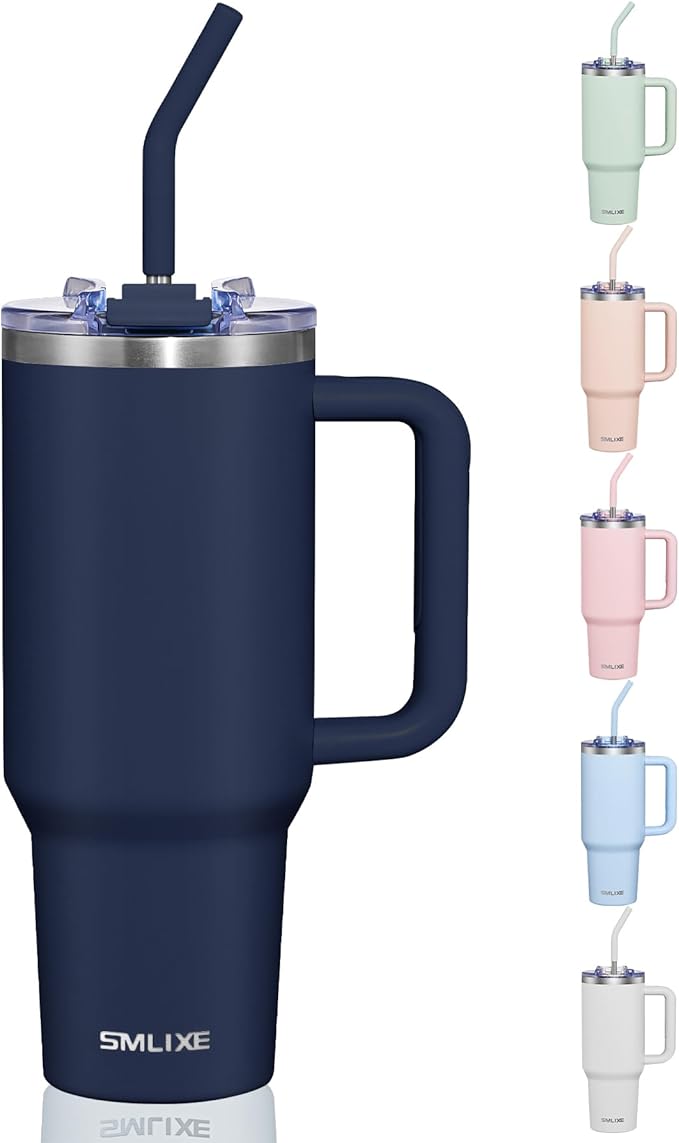 COKTIK 40 oz Tumbler With Handle and Straw Lid, Vacuum Insulated Travel Coffee Mug Stainless Steel Insulated Cup for Beverages, Leak-proof, Cupholder Friendly(Navy) - Bloomnest