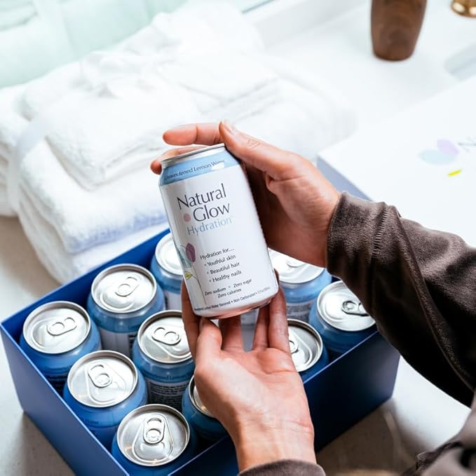 Natural Glow Hydration® Glycine Beauty Water, Unsweetened Lemon Flavor, 12 Pack of 12 fl oz Cans, Electrolytes & Amino Acids, Zero Sugar & Zero Sodium, Anti-Aging Facial Petals Bundle