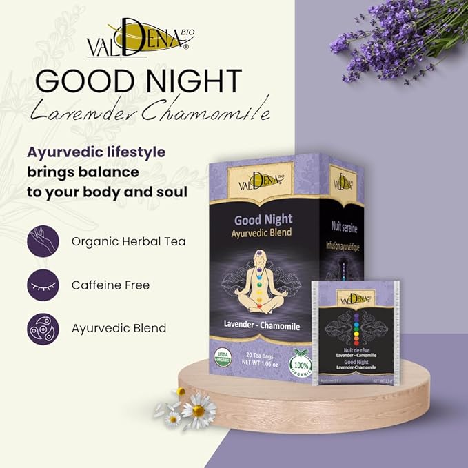 Valdena Bio Ayurvedic Lavender Chamomile Herbal Tea 20 Individually Wrapped Tea Bags (Pack of 3) Organic Caffeine Free Lavender Chamomile Blend USDA Organic Tea Calming Relaxing Sleep Support Herbal Infusion - Bloomnest