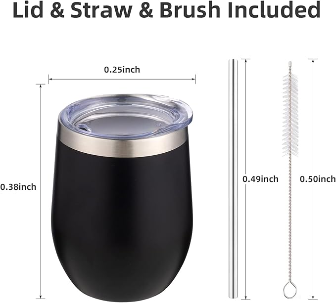 12 oz Insulated Wine Tumbler with Lid and Straw,Stainless Steel Stemless Wine Tumbler Glasses Double Wall Vacuum Wine Cups Tumbler Bulk for Coffee,Champaign,Cocktail（Black,1） - Bloomnest