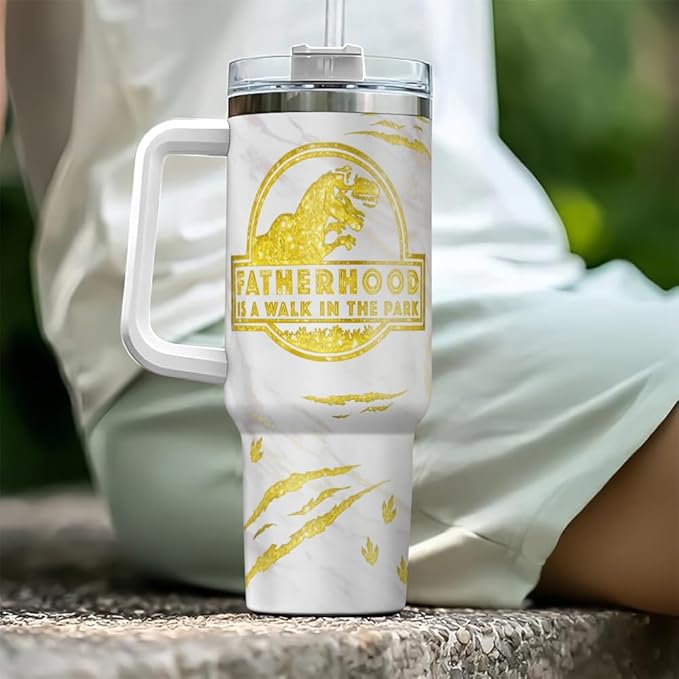 Personalized Dinosaur Dad Tumbler with Handle and Straw, Cute Custom Names and Baby Dino Design, Funny Father’s Day Gift for Dad or Papa from Kids - Bloomnest