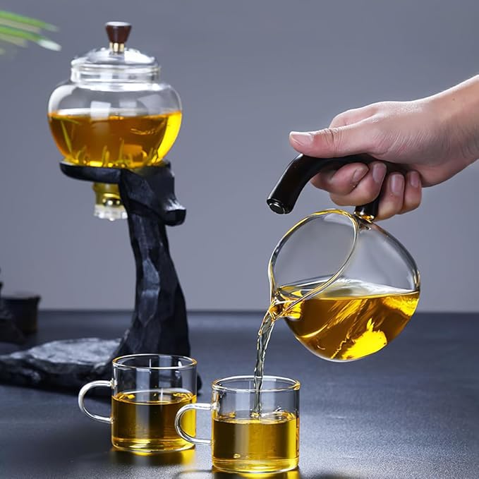 Lazy Kungfu Drip TeaPot, Heat Resistant Tea Set, Semi-Automatic Glass Teapot Suit for Magnetic Water Flow Wooden Glass Teapot Set