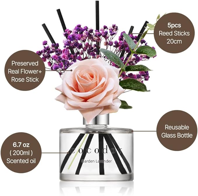COCODOR Rose Flower Reed Diffuser/White Jasmine/6.7oz/1Pack / Home Fragrance Scent Essential Oil Stick Diffuser for Bedroom Bathroom Home Décor