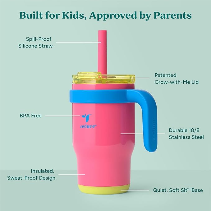 REDUCE 14 Oz Coldee Kids Tumbler with Lid and Straw - Coldee Insulated Travel Mug - Spill-Proof, Sweatproof Stainless Steel, BPA-Free - Includes Handle, Reusable Silicone Straw - Taffy Pink - Bloomnest