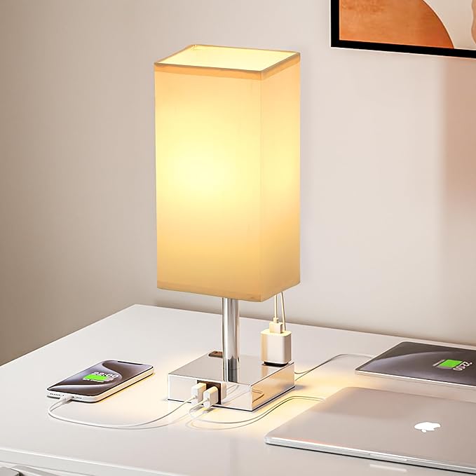 Touch Bedside Table Lamp for Nightstand - 3-Way Dimmable Night Lamp with USB A + Type C Charging Ports and Two AC Outlets, Small Desk Light with E26 LED Bulb for Bedroom Living Room Dorm Office - Bloomnest