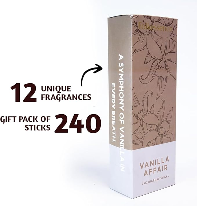 Folkulture Incense Sticks (240 Sticks) | Set of 12 Premium Incense Sticks Variety Pack Aromatherapy Gifts | No Charcoal, Organic, Non Toxic, 45 Mins, Long Burning Palo Santo, Vanilla Insence-Sticks FOLKULTURE