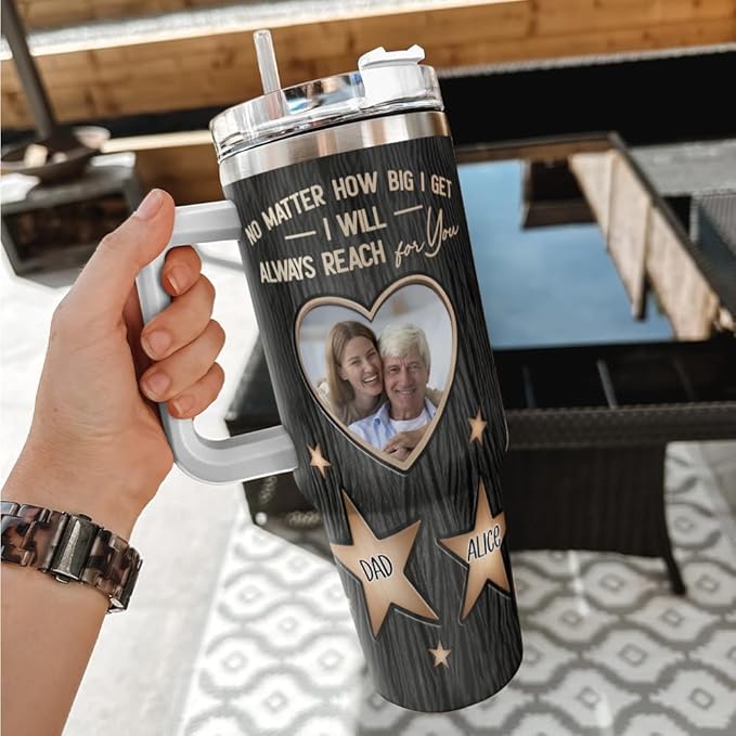 Personalized Dad Tumbler with Photo and Names, Custom Star Design Gift from Daughter, Father’s Day Mug with Handle and Straw, Always Reach for You Theme - Bloomnest