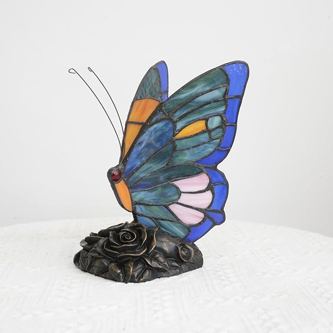 Small Teal and Green Tiffany Style Butterfly Table Lamp for Girls Gift Cute Fun Bedside Desk Lamps Stained Glass Lamp Colorful Vintage Art Unique Bedroom Nightstand Decor Accent Night Light Rose Base - Bloomnest