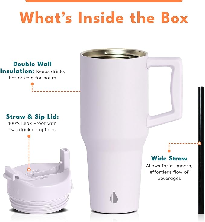 Elemental 32 oz 100% Leak Proof Tumbler with Handle & Straw - Stainless Steel Double Wall Insulated Tumbler for Hot and Cold Beverages - Travel Coffee Mug with Sip & Straw Lid - White - Bloomnest