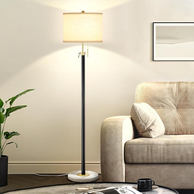 Floor Lamp for Living Room Adjustable Tall Standing Lamp, 3-Way Dimmable Floor Lamp for Bedroom Office, Black Gold Lamp with Marble Base and White Linen Shade - Bloomnest