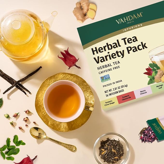 VAHDAM, Assorted Herbal Tea Gift Set (36 Tea Bags, 6 Flavors) Caffeine-Free, Non-GMO | Double Infusion, Individually Enveloped Tea Bags | Herbal Tea variety Pack | Valentines Day Gifts for Him & Her - Bloomnest
