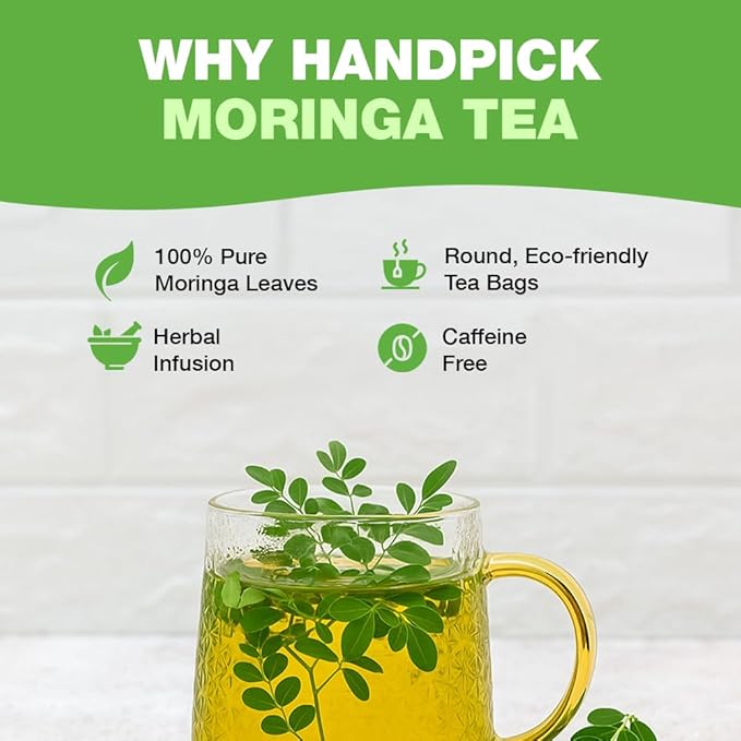 HANDPICK, Organic Moringa Tea Bags (100 Count), Pure Moringa Leaves | Authentic Indian Origin | Caffeine Free, Non GMO | Earthy, Light & Refreshing | Round Eco-conscious Teabags - Bloomnest