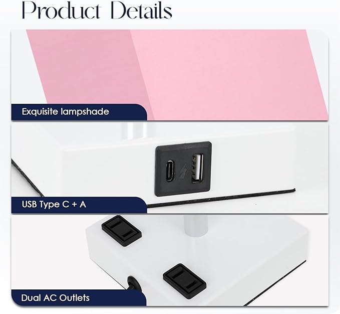 Bedside Lamp with USB Ports - Touch Control Table Lamp for Bedroom with USB C+A Charging Ports & AC Outlets, 3 Way Dimmable Nightstand Light with White Base for Living Room (LED Bulb Included, Pink) - Bloomnest