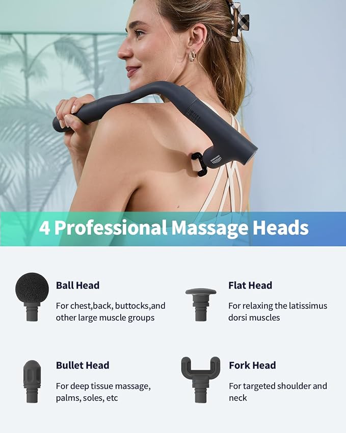 3-in-1 Detachable Massage Gun Deep Tissue, Ergonomic Extension Handle Back Massager for Pain Relief, Portable Percussion Muscle Massager for Shoulder, Thigh, Waist & Neck - Bloomnest