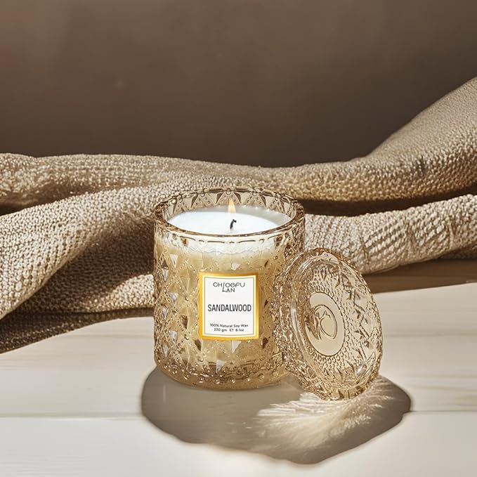 Chloefu LAN Sandalwood Candle, Dad Gifts Candle, Natural Soy Scented Candles for Stress Relief, 55 Hours Lasting Burning, Great Gift for Women & Men - Bloomnest