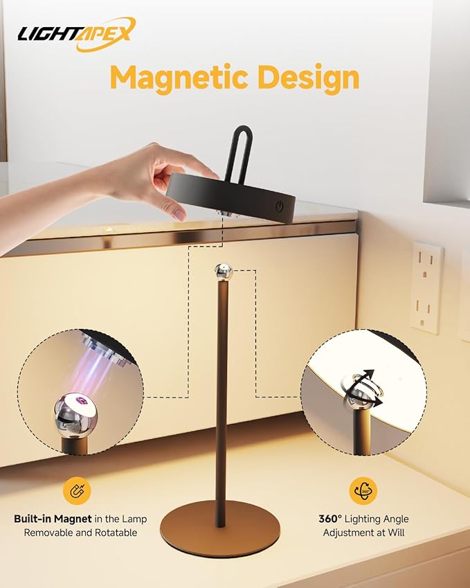 Lightapex Cordless Table Lamps, 2-Pack, Rechargeable Portable Lamps with Stepless Dimming, Touch Control, Detachable Magnetic Design for Bedroom, Living Room, and Reading（Black） - Bloomnest