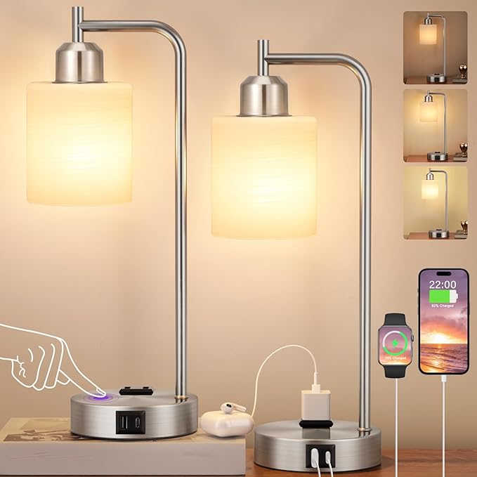 Innqoo Industrial Nickel Table Lamps for Bedrooms Set of 2-3-Way Dimmable Desk Lamp with USB C+A Ports and Outlet, Sliver Lamps with Striped White Glass Shade for Living Room - Bloomnest