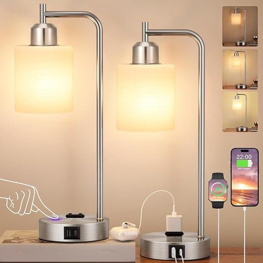 Innqoo Industrial Nickel Table Lamps for Bedrooms Set of 2-3-Way Dimmable Desk Lamp with USB C+A Ports and Outlet, Sliver Lamps with Striped White Glass Shade for Living Room - Bloomnest