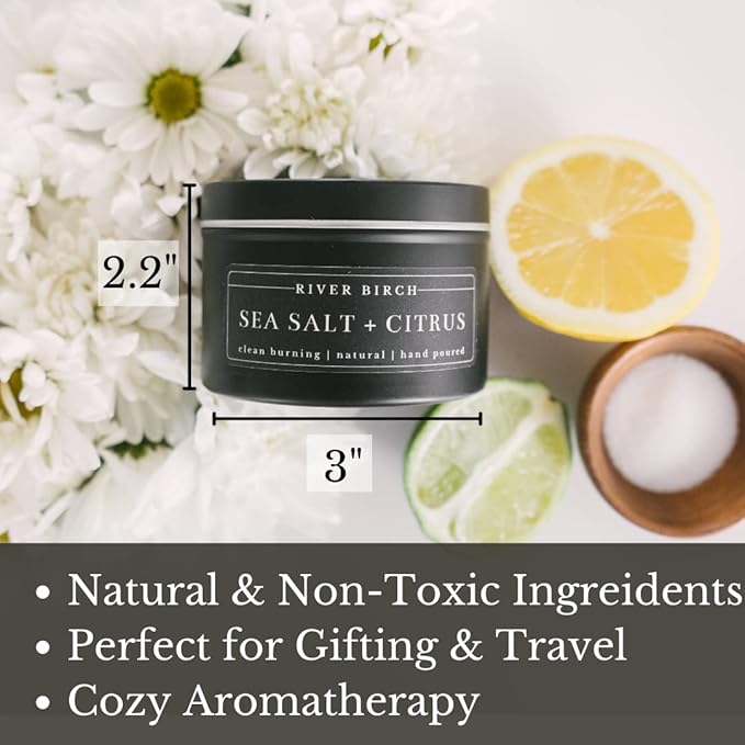 River Birch Candles Sea Salt + Citrus Scented Candle | Premium, All-Natural, Non-Toxic, Soy Candles | 8 oz. Black Matte Tin Travel Candle | Cozy Relaxing Gifts for Home - Bloomnest