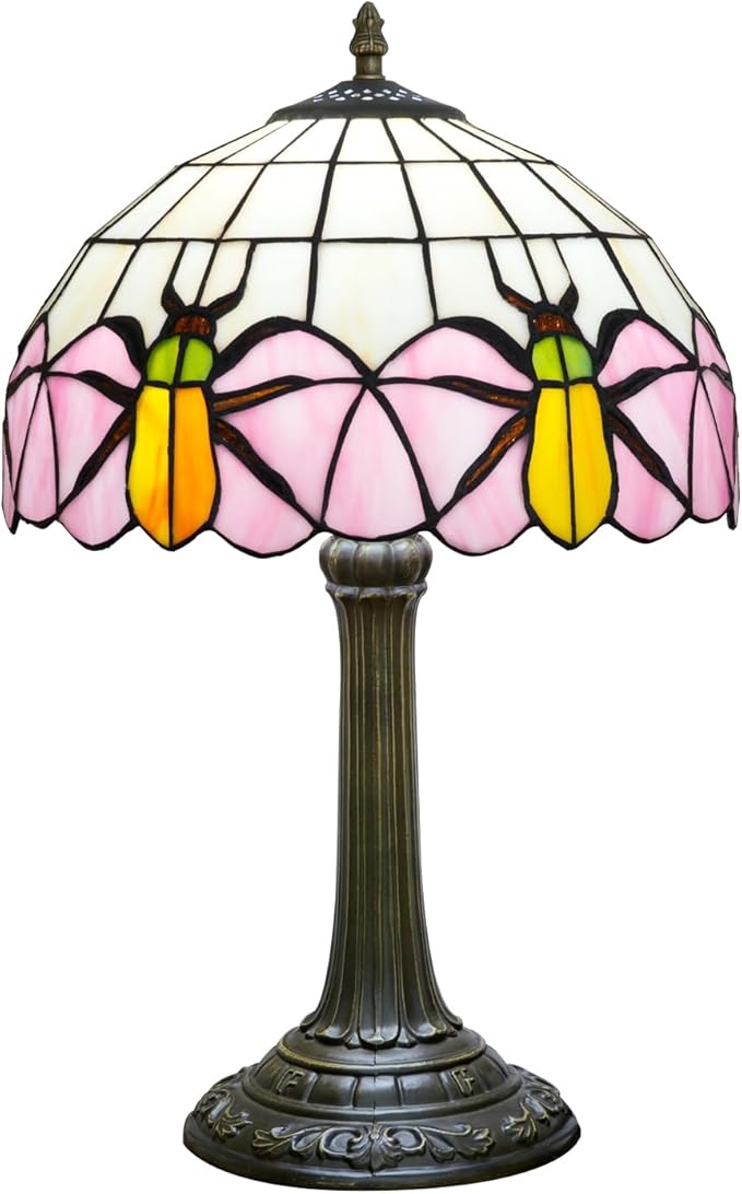 Tiffany Lamp Yellow Beetle Pink Stained Glass Table Lamp Vintage Bedroom Desk Light for Home Dorm Office Art Craft Antique Decor Accent Aesthetic Nightstand Reading Light - Bloomnest