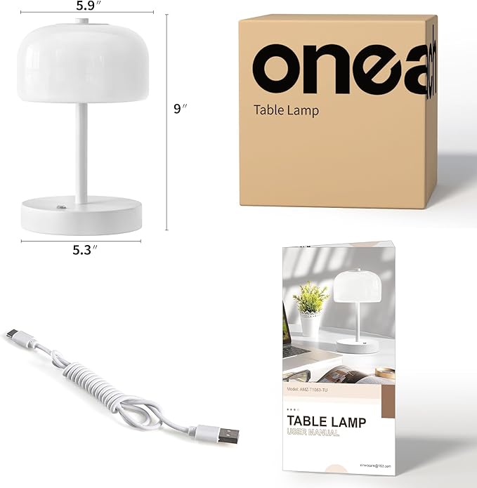 Oneach Portable Cordless Table Lamp, Rechargeable Battery Powered Lamp with Opal Glass Shade, 3-Way Dimmable LED Touch Mushroom Table Lamps for Bedroom, Bedside, Living Room, Dining Room, Patio, White - Bloomnest