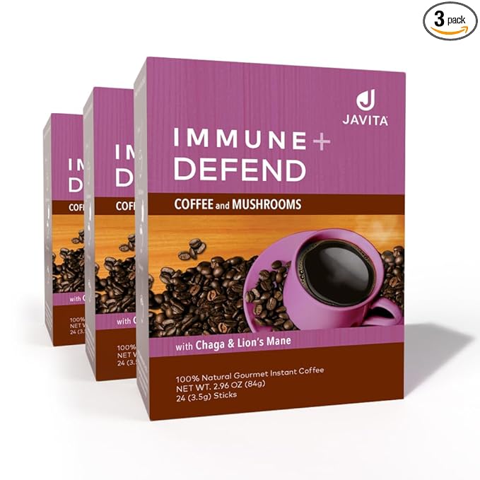 Mushroom Coffee by Javita, Immune & Defend Blend of Chaga, Lion's Mane and Dark Roast Coffee for Morning Boost, Antioxidant Support; Keto-friendly, 3 boxes of 24 (3.5g) Sticks, 72 ct - Bloomnest