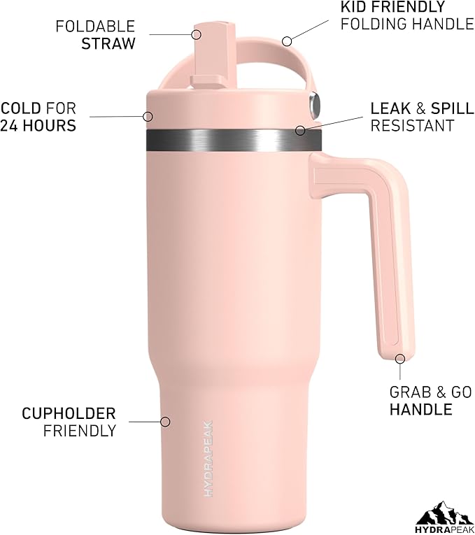 Hydrapeak Kids Voyager 18 oz Tumbler with Handle and Flip-Up Straw Lid | Spill Proof and Leak Resistant | Reusable Stainless Steel Water Bottle | Gift for Kids Boys Girls | Peony - Bloomnest