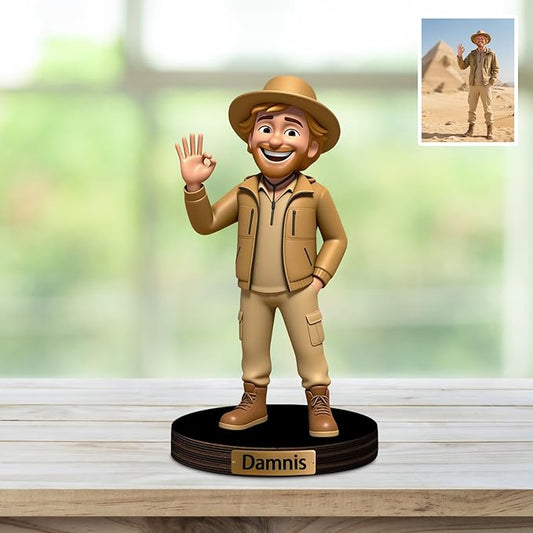 Custom Travel Photo Cartoon Style Desk Decor with Wooden Base, Personalzied Cartoon Photo Picture Portrait Sculpture Frame Acrylic Sign Plaque Gifts for Women Men Family - Bloomnest