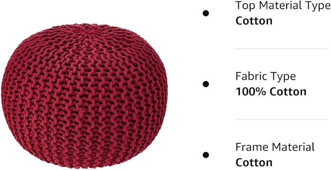 REDEARTH · Round Pouf Ottoman - Hand Knitted Cable Boho Poof - Foot Stool Bean Bag - Home Décor Stuffed Footrest for Living Room - Nursery - Bedroom - 100% Cotton Poufs (19.5"x19.5"x14") - Red - Bloomnest