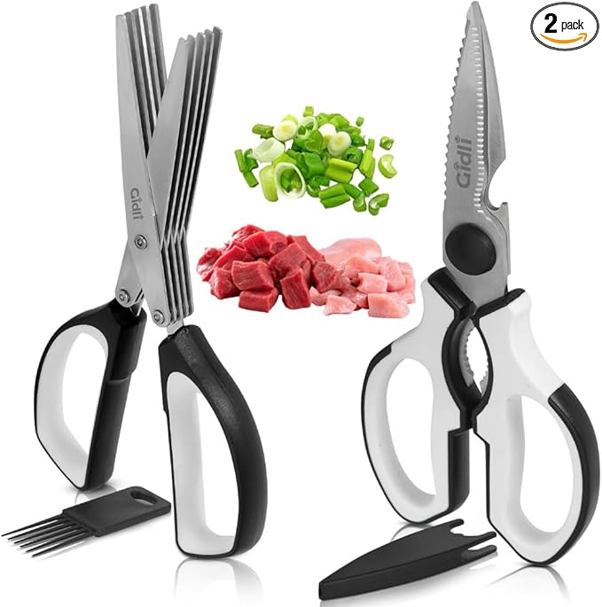 Gidli 2 Pack Kitchen Scissors & Kitchen Shears - Lifetime Replacement Warranty - Herb Scissors with 5 Blades and Cover - Heavy Duty Vegetable Salad Multi Blade All-Purpose Food Shears Dishwasher Safe - Bloomnest