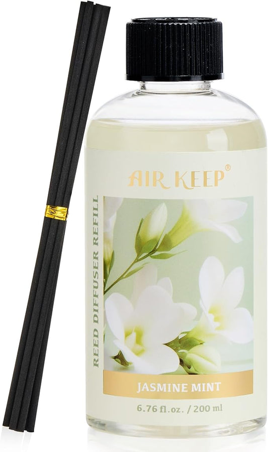 Airkeep Reed Diffuser Oil Refill with Diffuser Sticks, 6.76 Fl Oz(200ml) Jasmine Mint Scented Oils, Aroma Therapy, Home Fragrance & Air Freshener, Office Décor, Decoration - Bloomnest