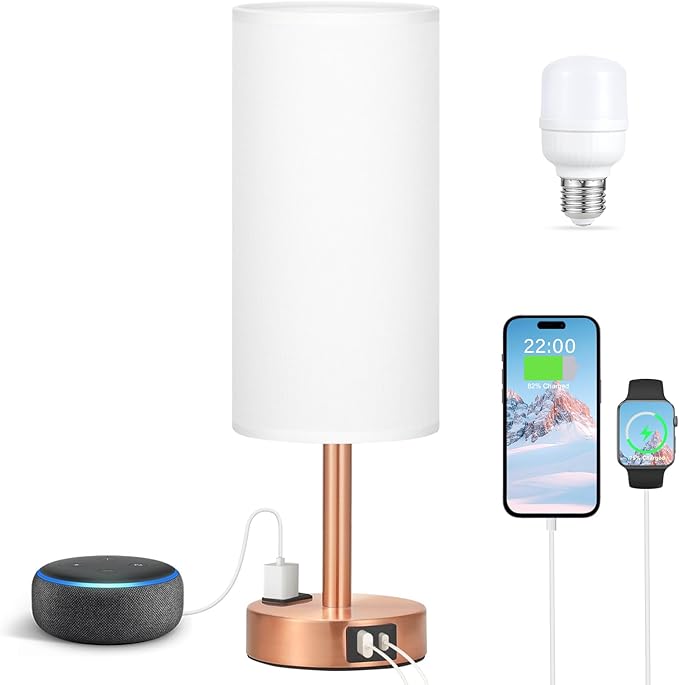 Fenmzee Bronze Nightstand Bedroom Lamp - 3 Way Dimmable Bedside Lamp USB C A Charging Ports and AC Outlet, Small Table Lamp White Linen Lampshade for Desk, LED Bulb Included - Bloomnest