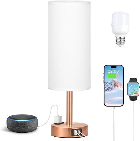 Fenmzee Bronze Nightstand Bedroom Lamp - 3 Way Dimmable Bedside Lamp USB C A Charging Ports and AC Outlet, Small Table Lamp White Linen Lampshade for Desk, LED Bulb Included - Bloomnest