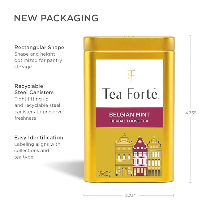 Tea Forte Belgian Mint Premium Loose Leaf Caffeinated Herbal Tea Blend Canister, Makes 35-50 Cups - Bloomnest