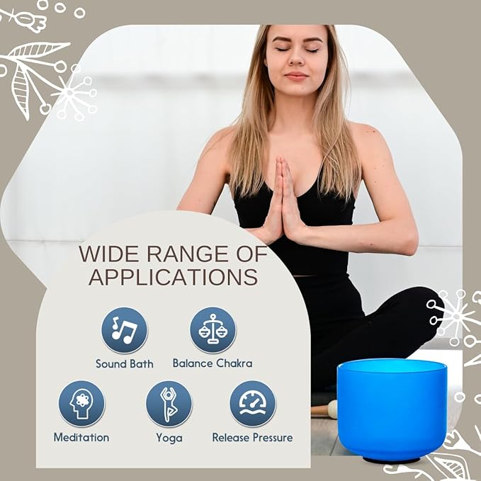 8 inch Blue G Note Throat Chakra Quartz Crystal Singing Bowl, for Healing Mindfulness Meditation Yoga Sound Baths, with Rubber Mallet O-ring